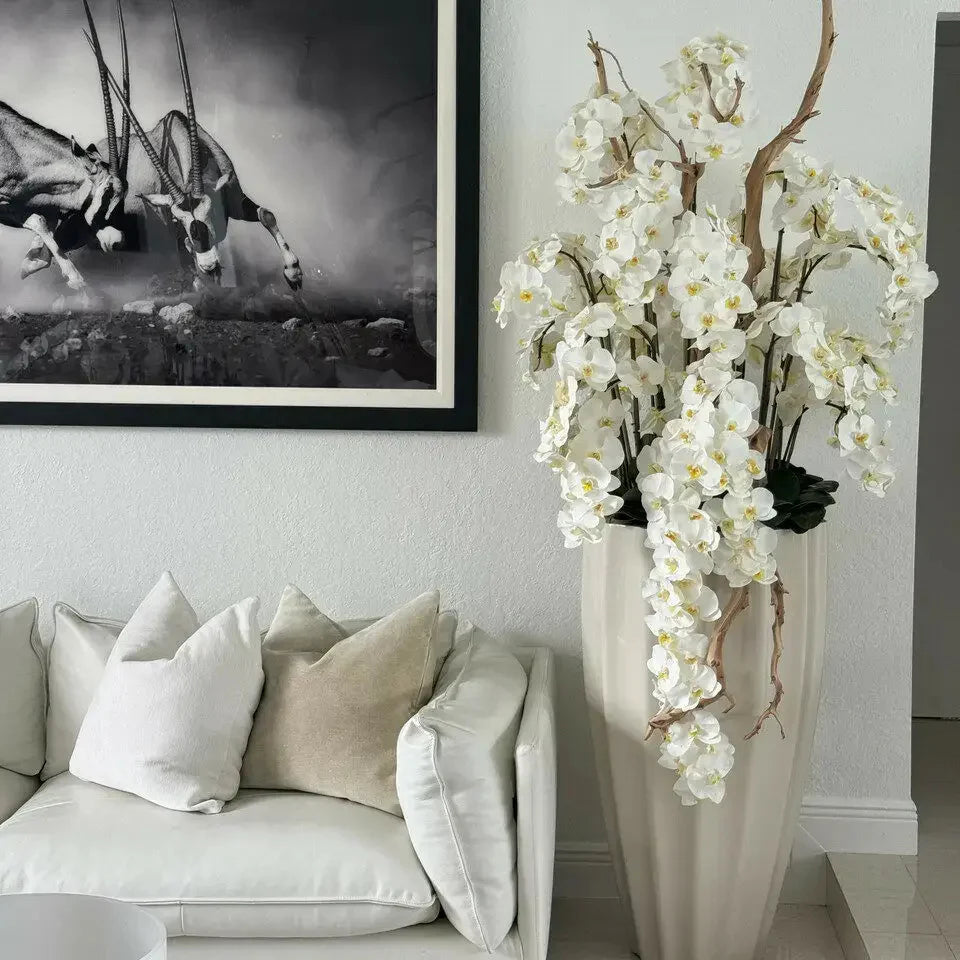 Planter in Sand Beige with Cascading White Orchids