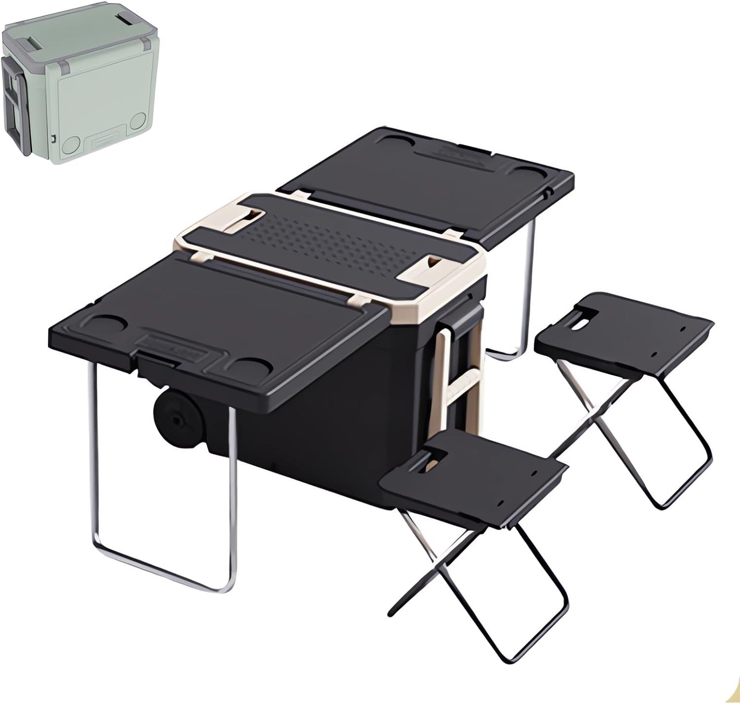 Multi Function Rolling Cooler with Wheels Table and 2 Chairs for Picnic