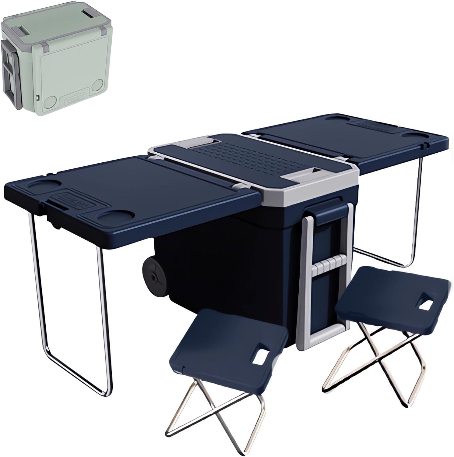 Multi Function Rolling Cooler with Wheels Table and 2 Chairs for Picnic