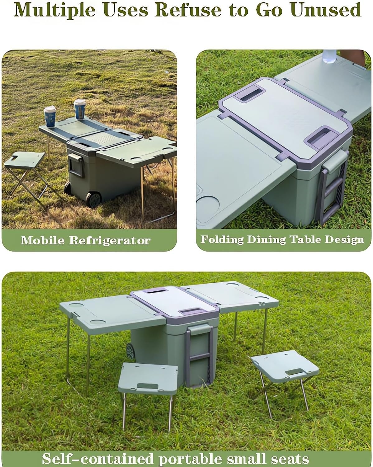 Multi Function Rolling Cooler with Wheels Table and 2 Chairs for Picnic