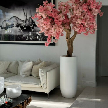 Matte White St. Tropez Planter with Custom Made Pink Cherry Blossom Tree