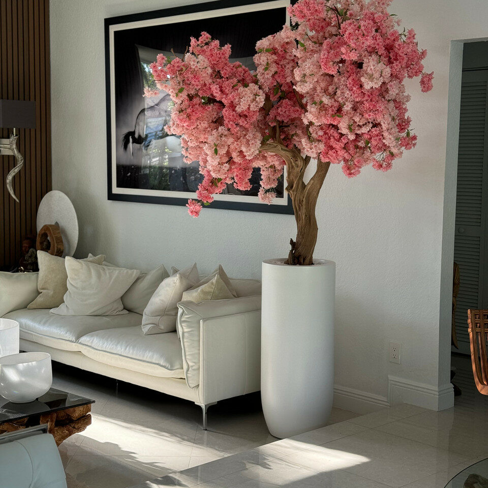 Matte White St. Tropez Planter with Custom Made Pink Cherry Blossom Tree