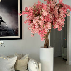 Matte White St. Tropez Planter with Custom Made Pink Cherry Blossom Tree