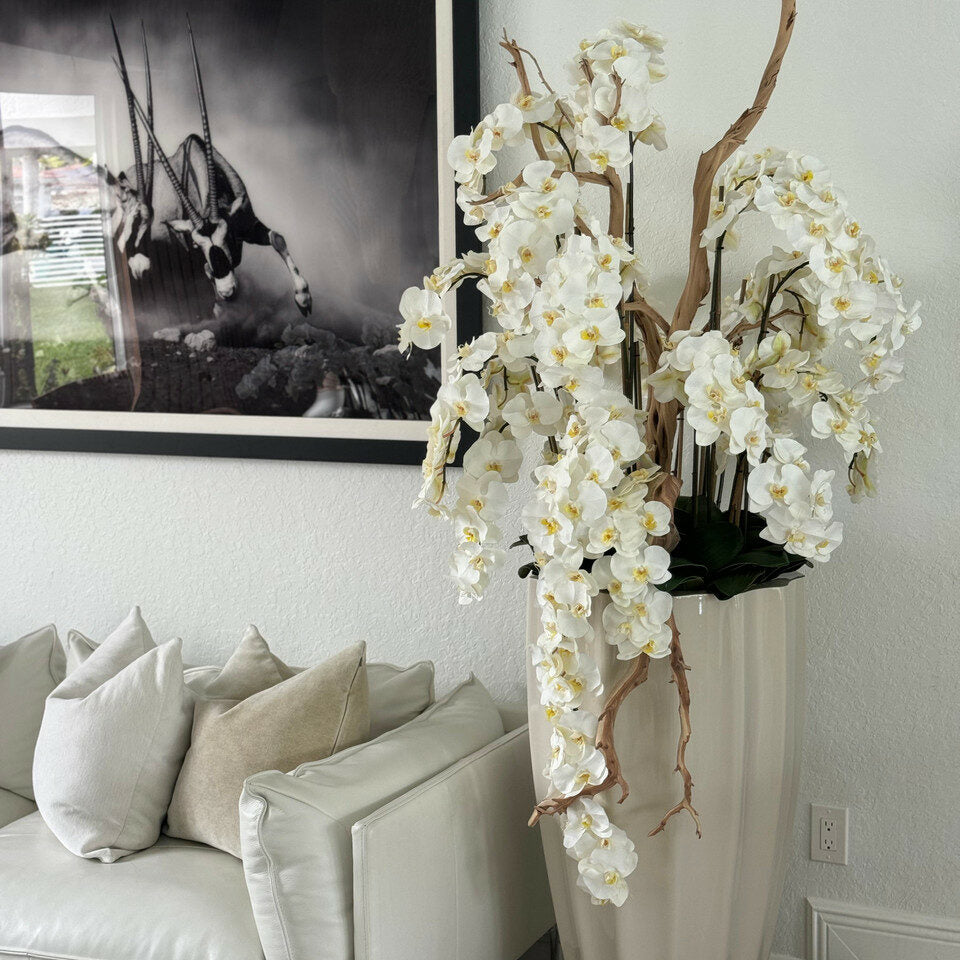 Planter in Sand Beige with Cascading White Orchids